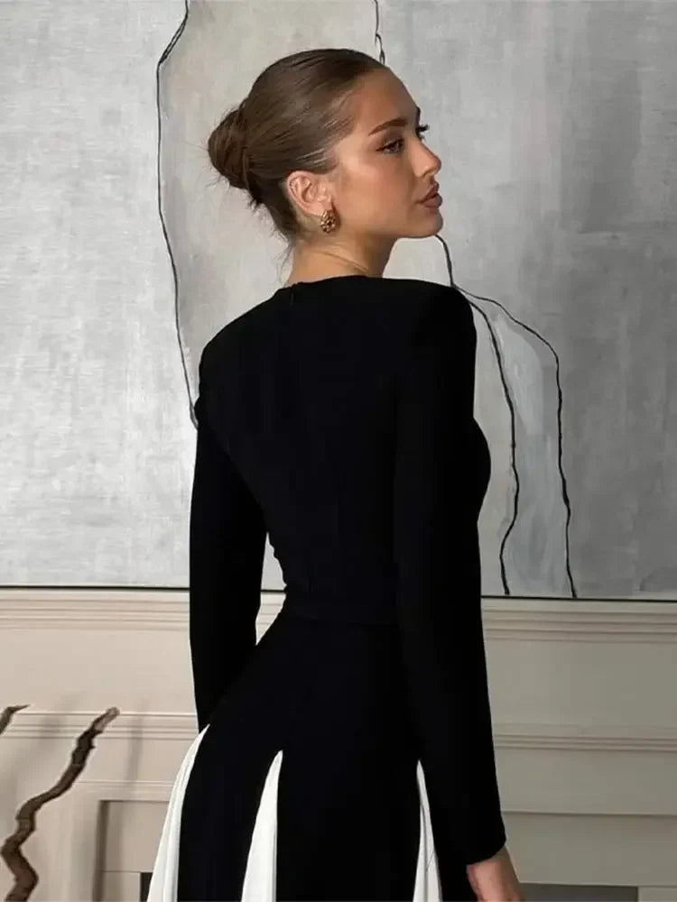 Pleated Patchwork Long Sleeve Maxi Party Dress