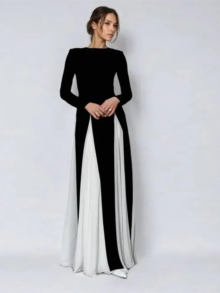 Pleated Patchwork Long Sleeve Maxi Party Dress