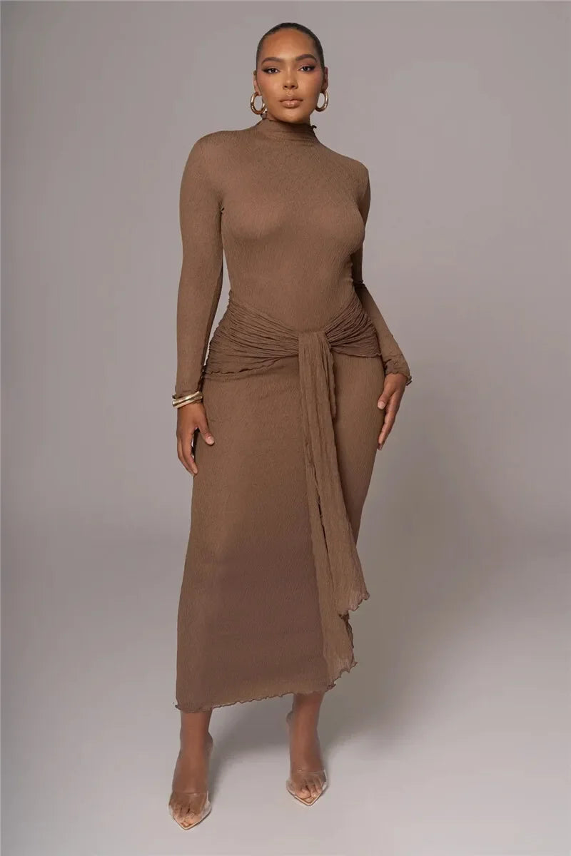 Long Sleeve Drape Turtleneck Maxi Dress
