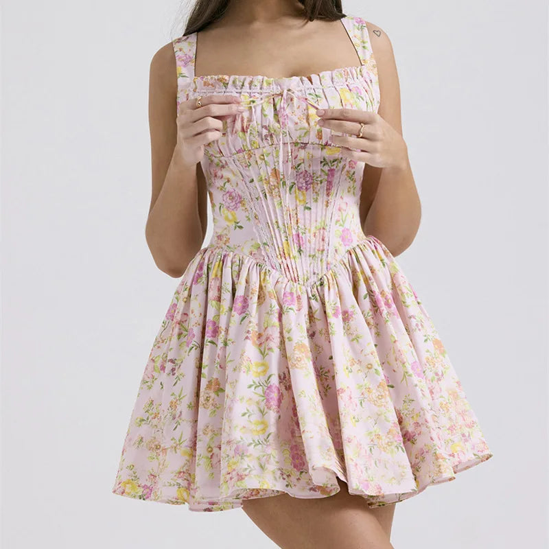 Flower Printed Open Back A-Line Mini Party Dress