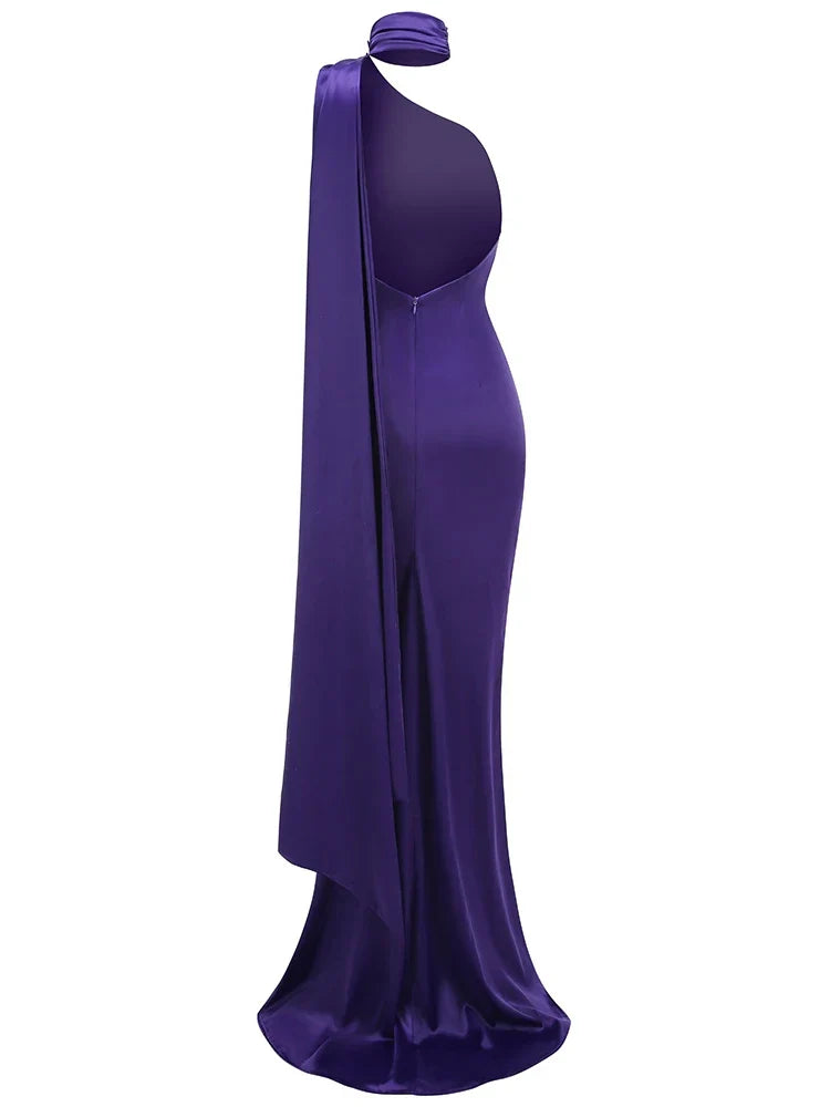 Purple Satin Halter Neck 3D Flower Maxi Dress