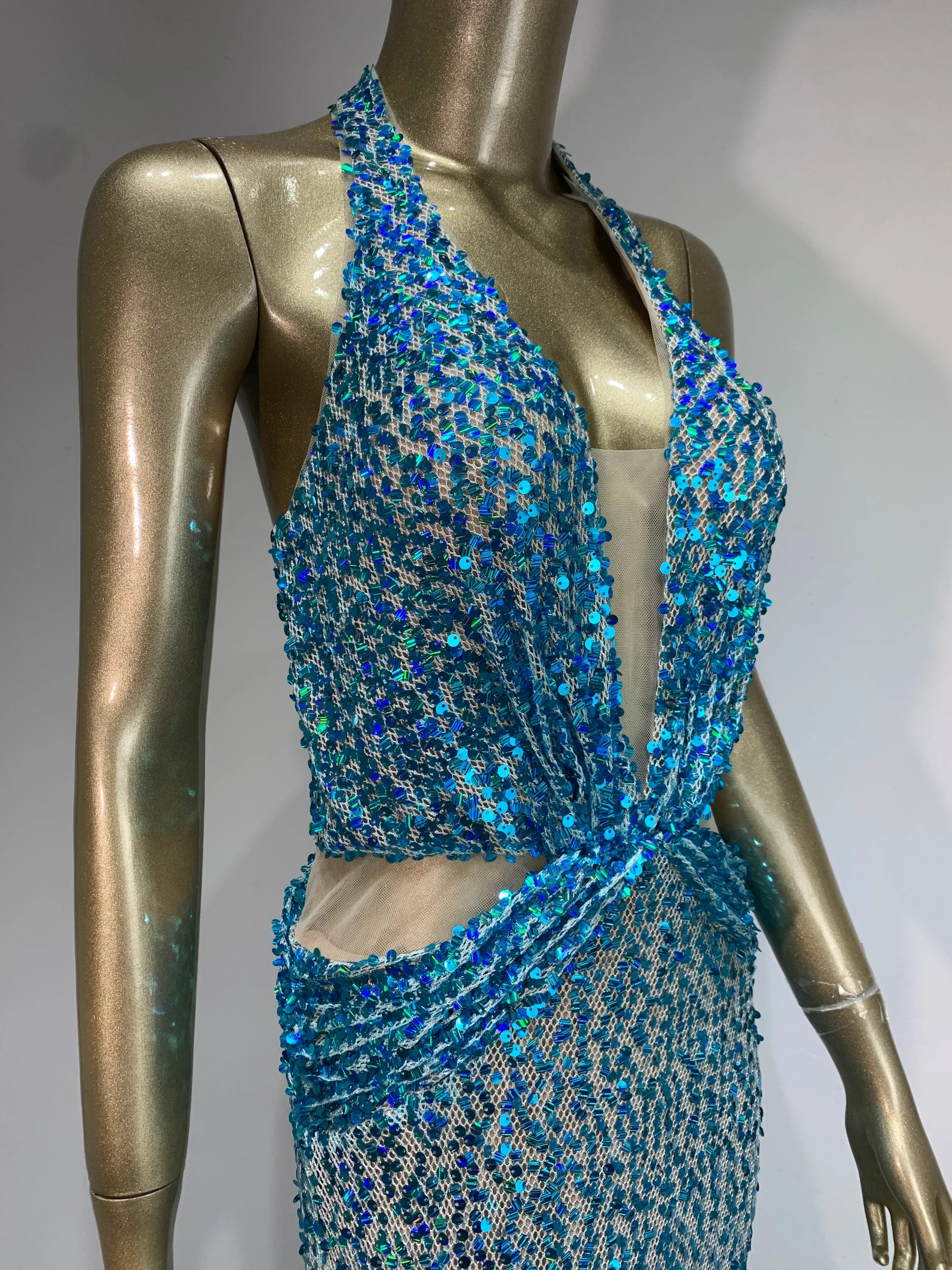 Halter Blue Sequined Glitter Maxi Party Dress
