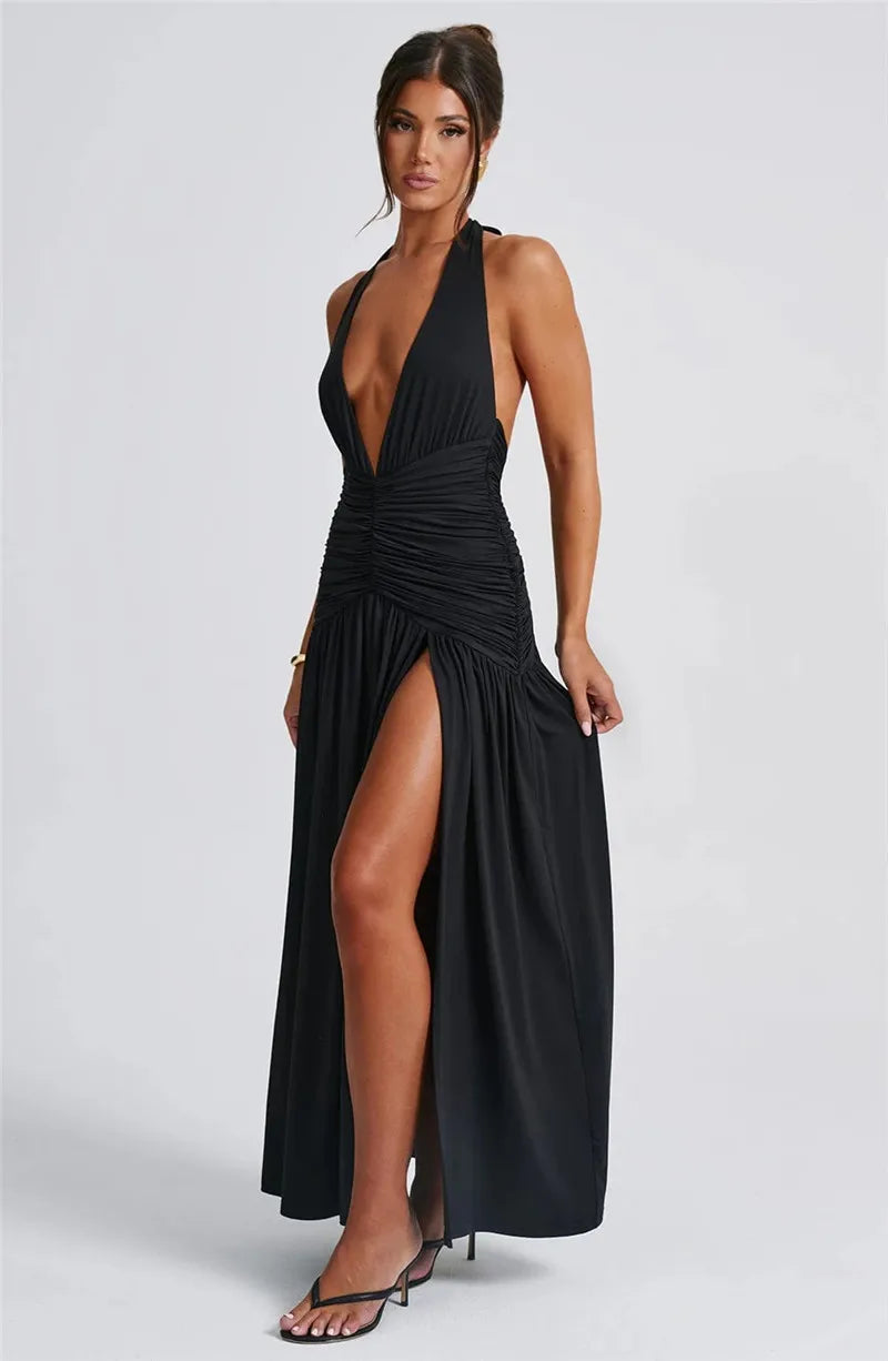 Open Back Solid Thigh High Split Party Dress