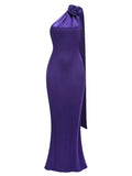 Purple Satin Halter Neck 3D Flower Maxi Dress