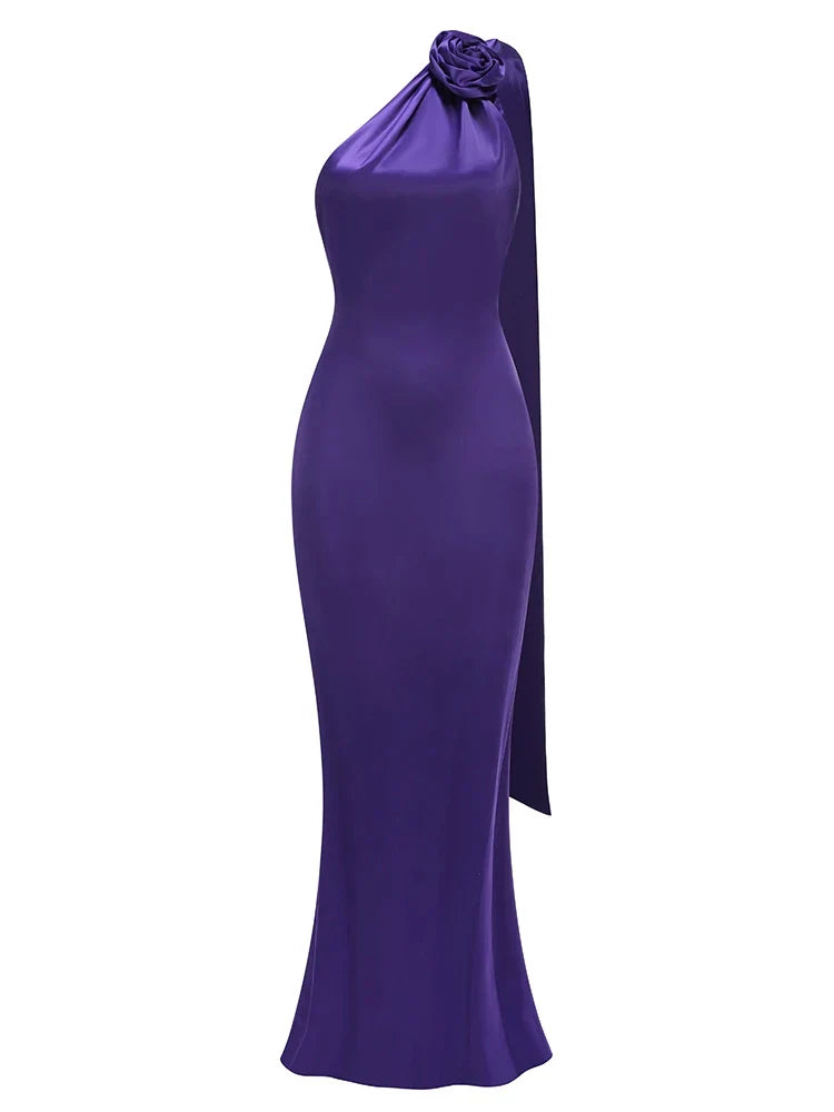 Purple Satin Halter Neck 3D Flower Maxi Dress