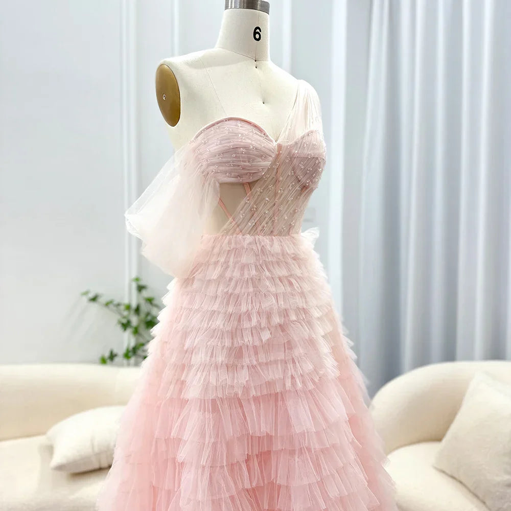 Pink Lilac One Shoulder Ball Gown Party Dress