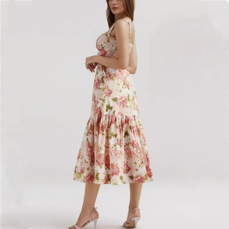 Floral Corset Ruffled Bra Top Midi Dress