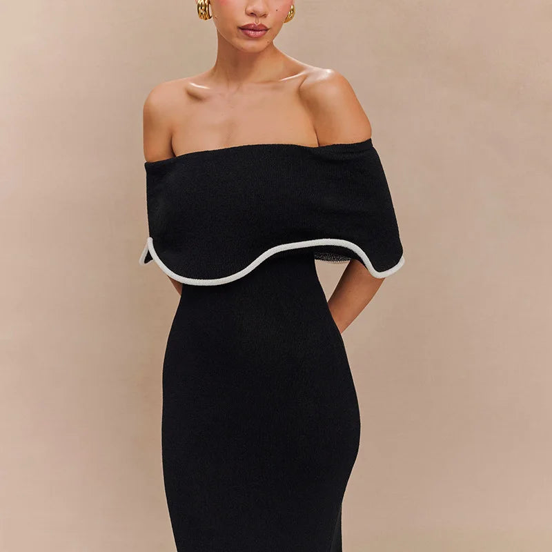 Strapless Ruffled Black Party Midi Dress