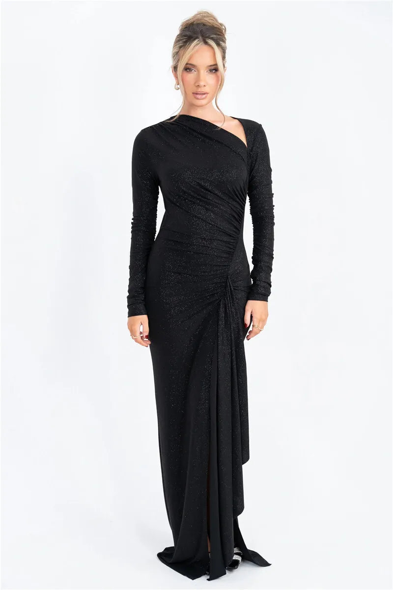 Long Sleeve Ruched Maxi Dress with Thigh Split