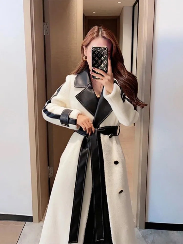 Contrast Patchwork Overcoat with Belt Party Dress