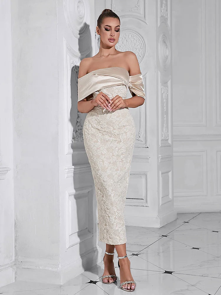 Slash Neck Embossed Flower Beige Party Dress