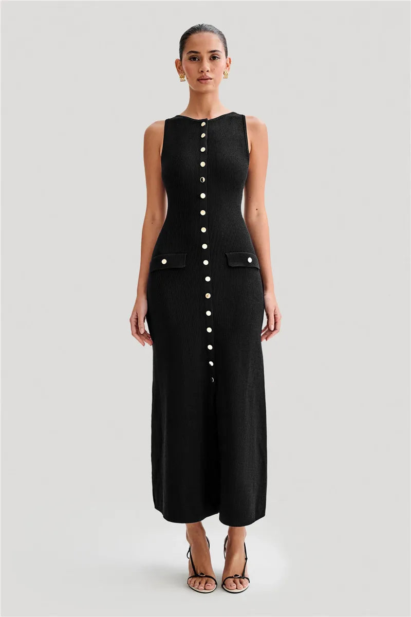 Knit Maxi Dress with Pockets Button Front