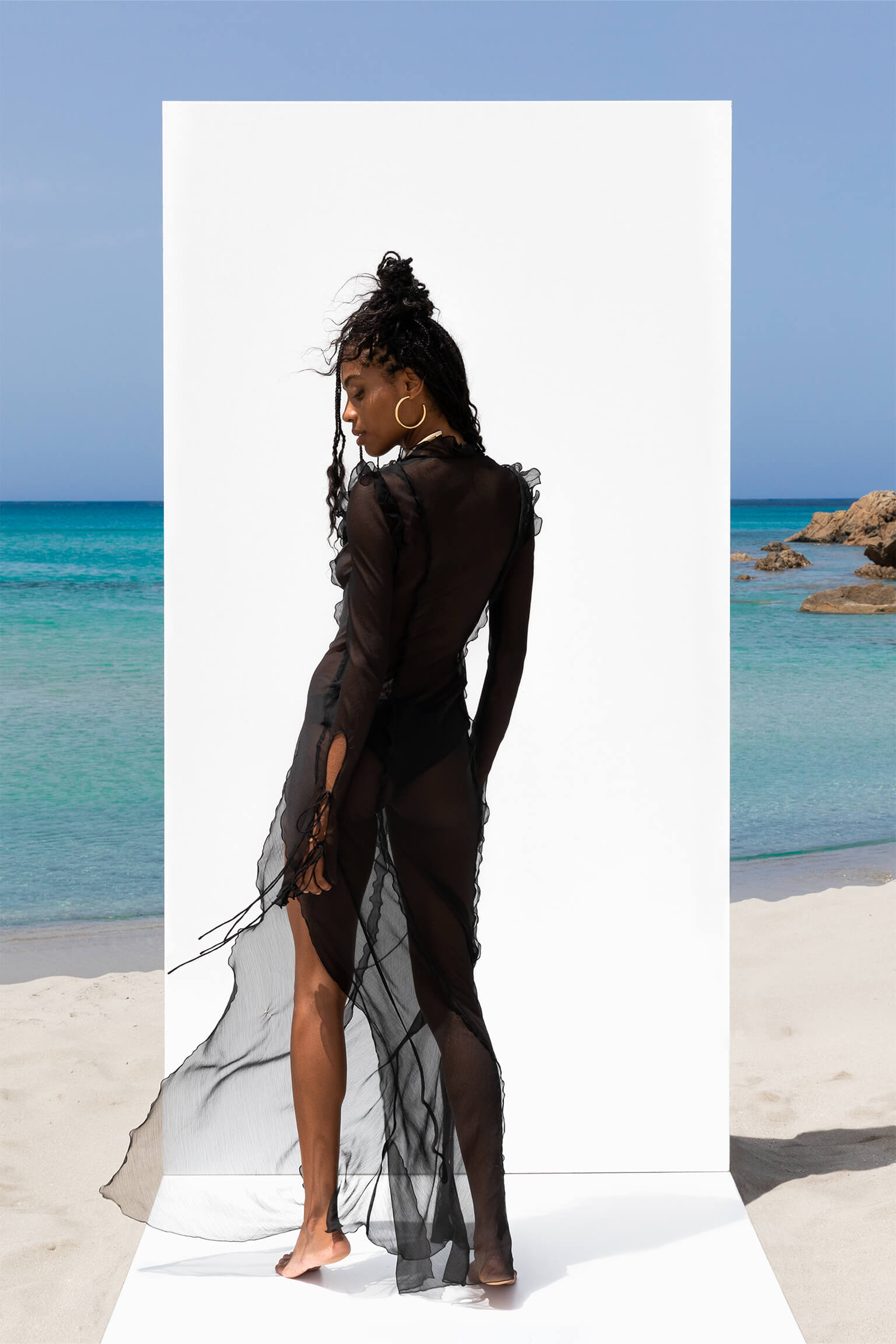 V-Neck Sheer Ruffled Drawstring Maxi Dress
