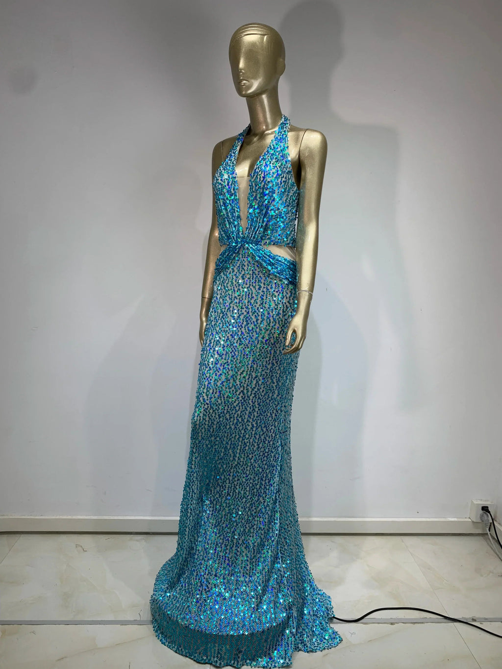 Halter Blue Sequins Glitter Sparkly Maxi Dress