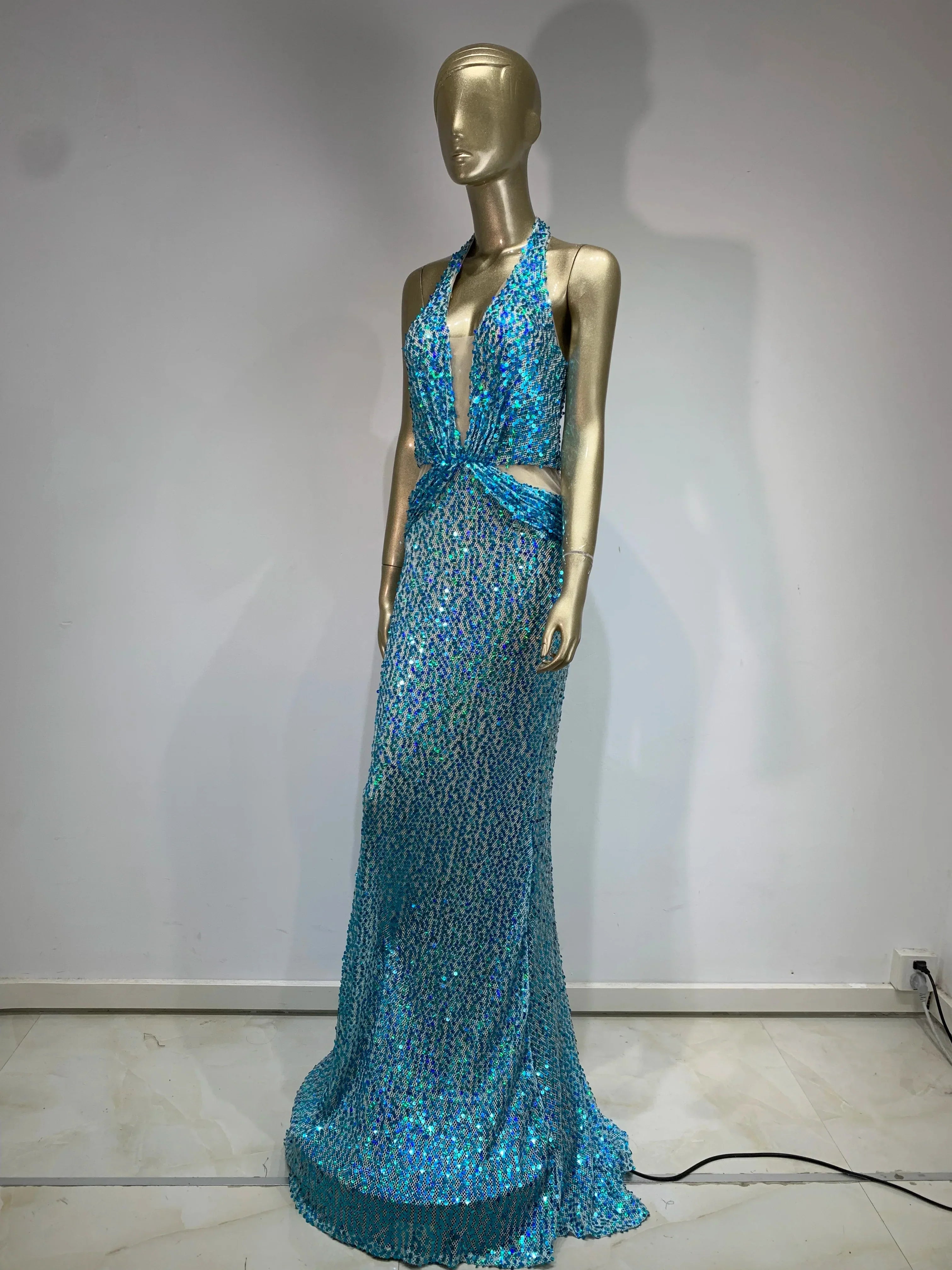 Halter Blue Sequins Glitter Sparkly Maxi Dress