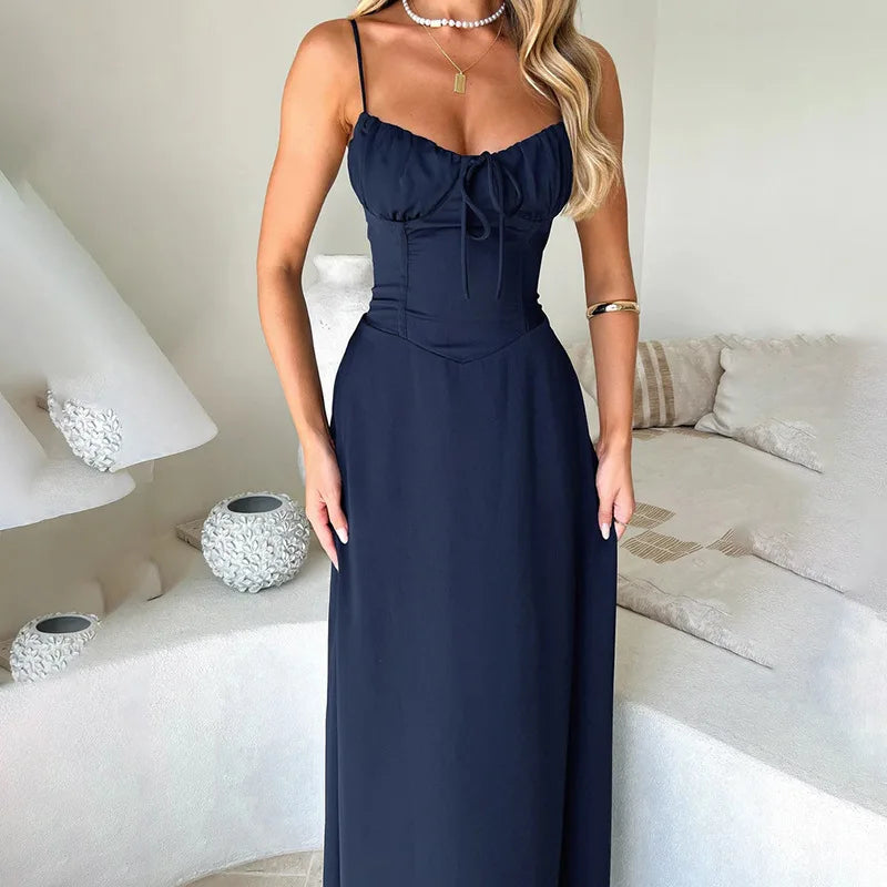 Waist Wrap A-line Spaghetti Strap Backless Spring Summer Maxi Dress