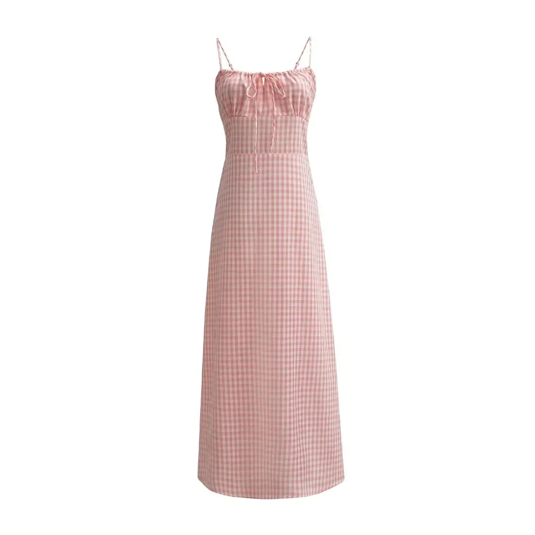 Spaghetti Strap Plaid Pink Midi Dress