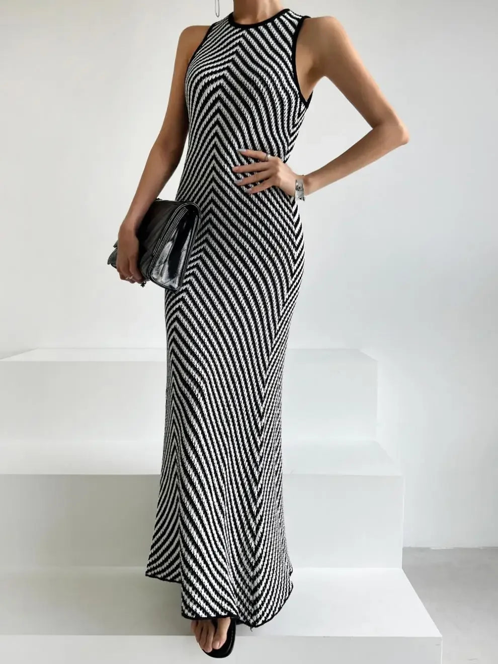 Striped Ribbed Casual Midi Dress