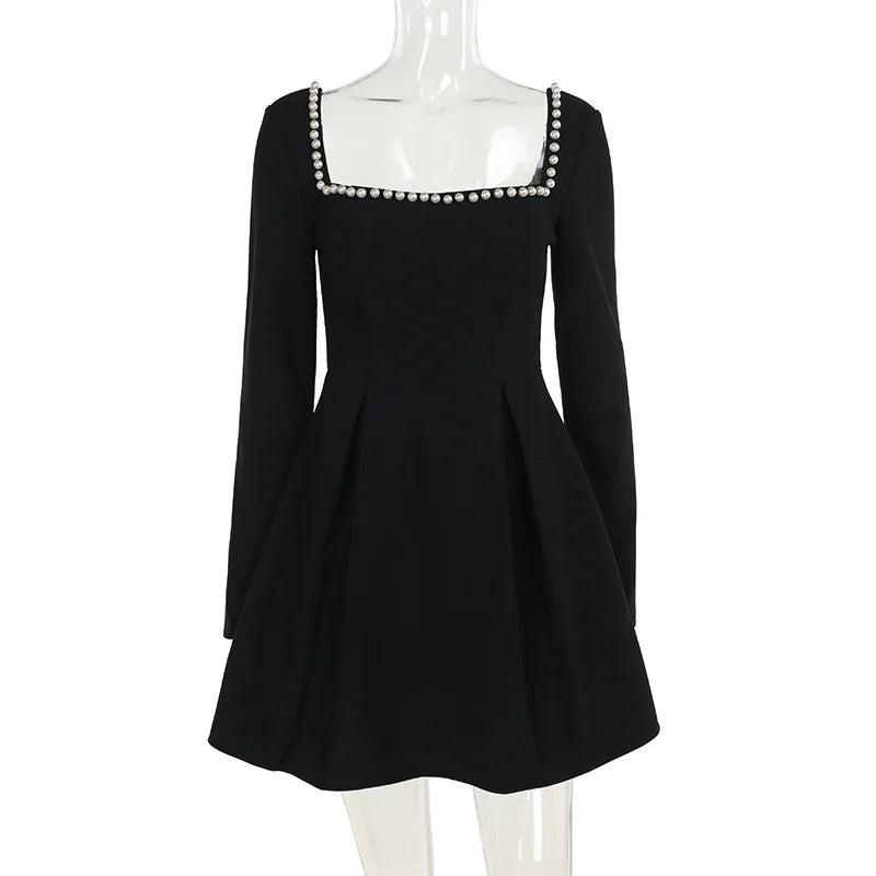 Pearl Square Neck Long Sleeve Mini Party Dress