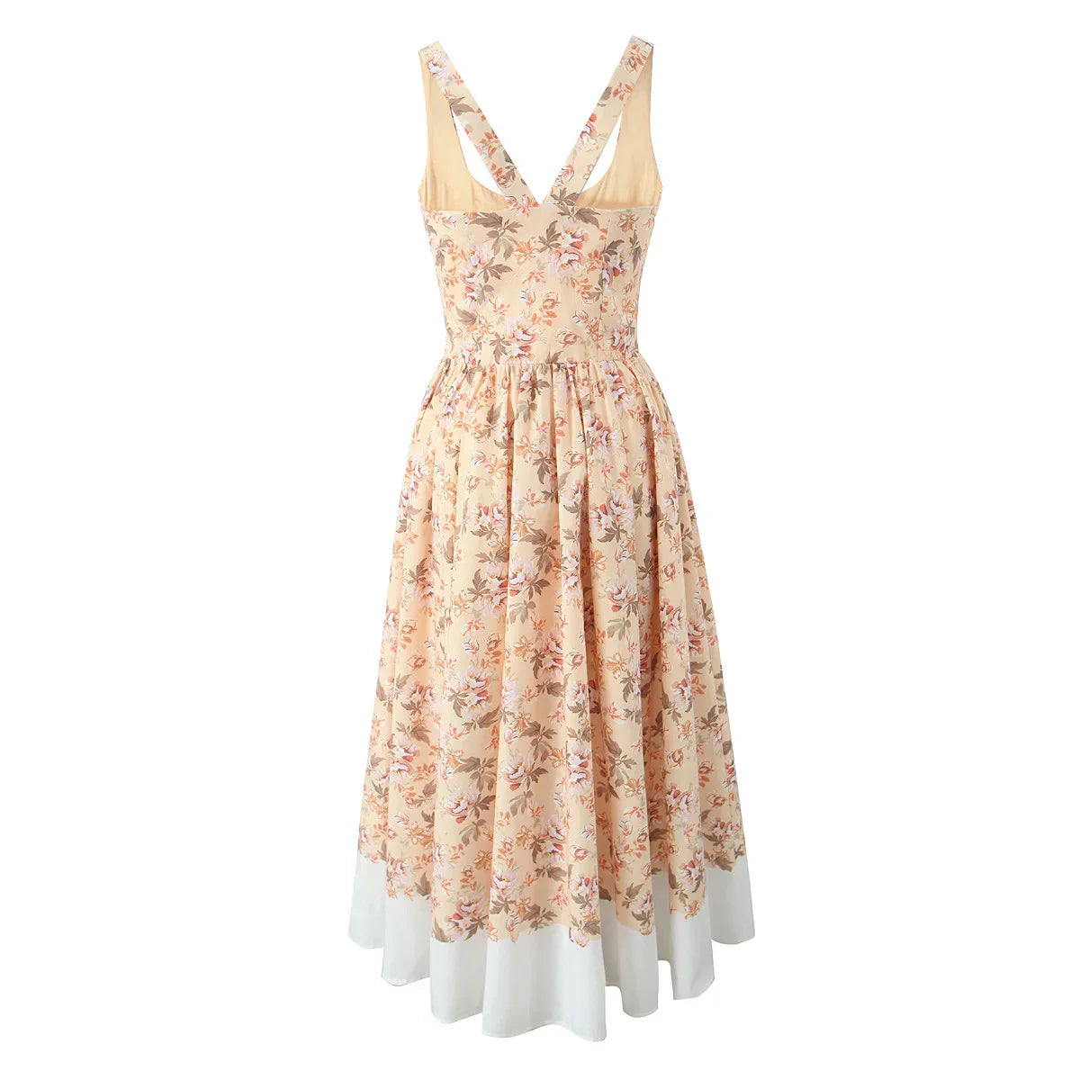 Slash Collar Floral Corset Pleated Midi Dress