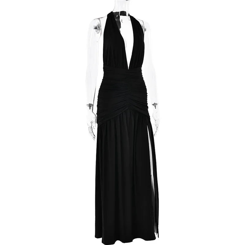 Open Back Solid Thigh High Split Party Dress