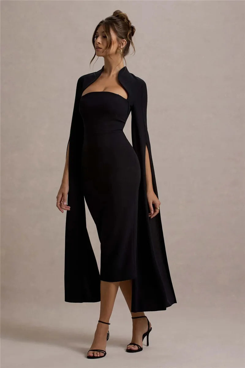 Cape Sleeve Square Neck Elegant Midi Dress