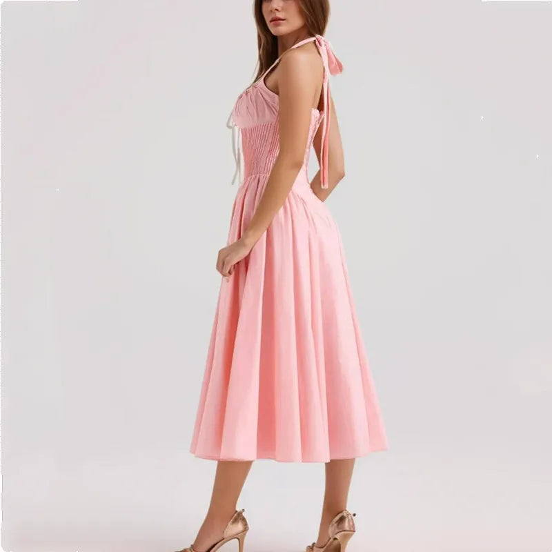 Corset Bow Halter Lace Spliced Midi Dress