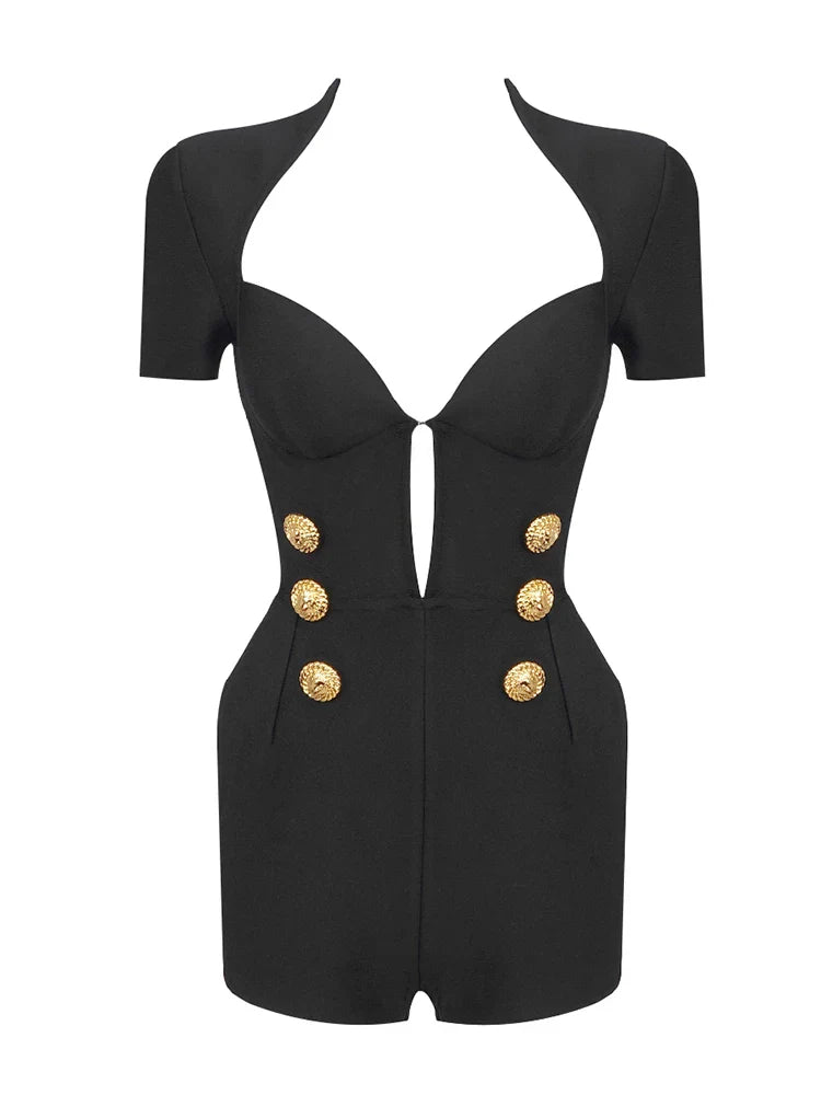 Short Sleeve Gold Button Black Jumpsuit Party Dress