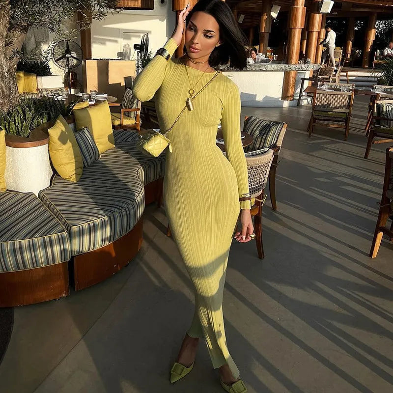Ribbed Long Sleeve Slim Maxi Dress
