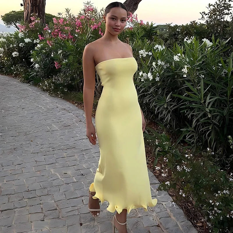 Frill Trim Tube Style Midi Dress