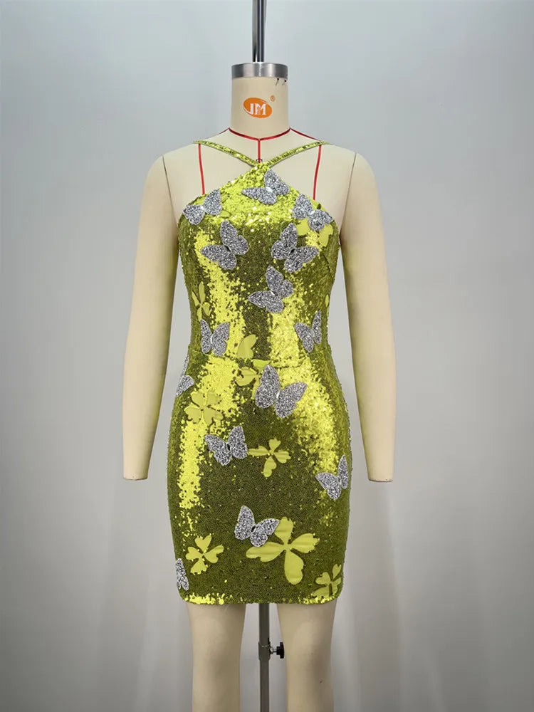 Mesh Sequin Butterfly Elegant Mini Dress