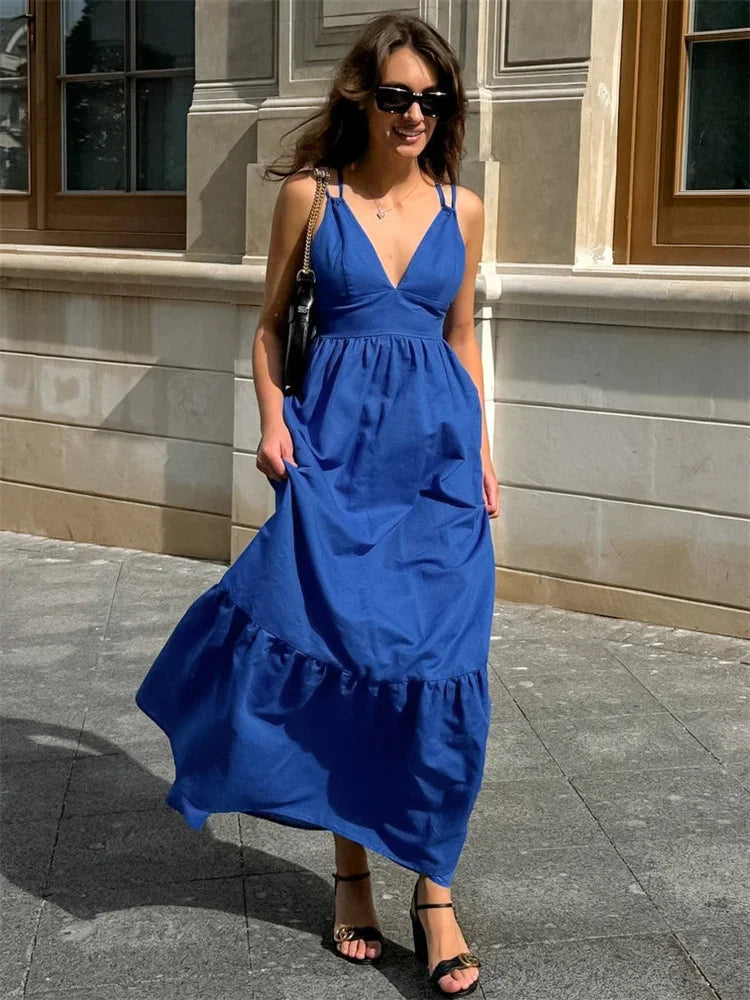 Patchwork Sleeveless Solid Color Maxi Dress