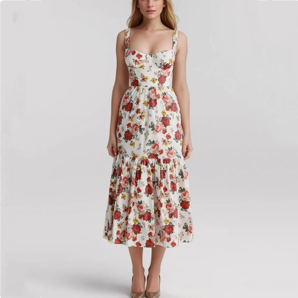 Floral Corset Ruffled Hem Midi Dress