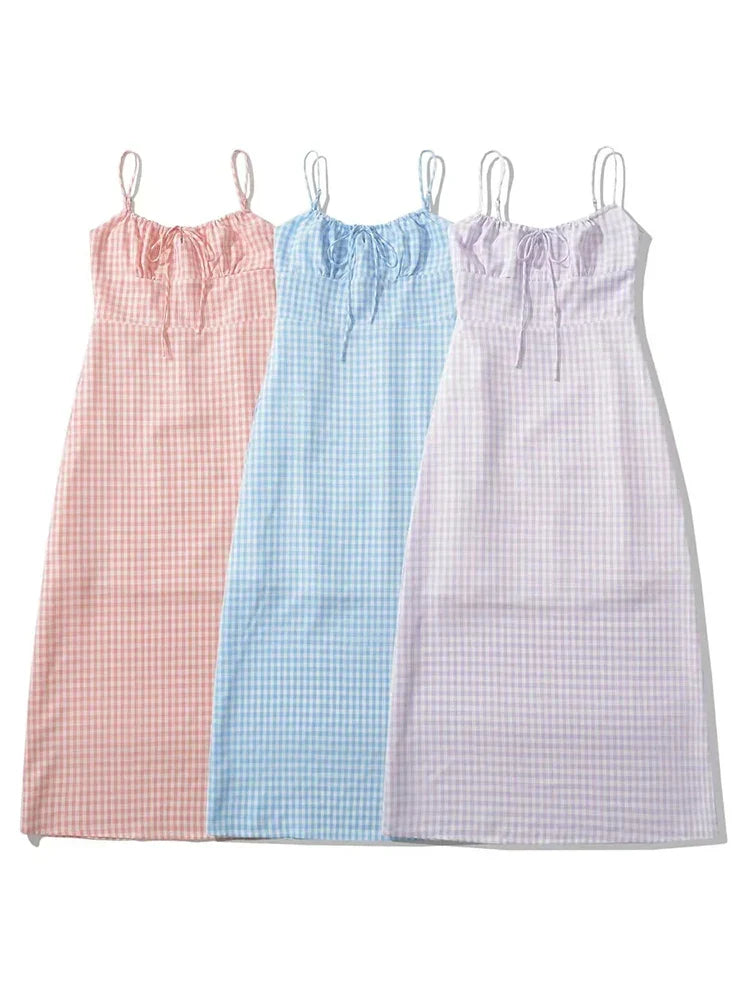 Spaghetti Strap Plaid Pink Midi Dress