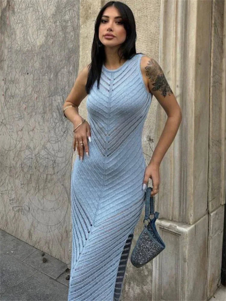 Sleeveless Patchwork Knit Maxi Dress