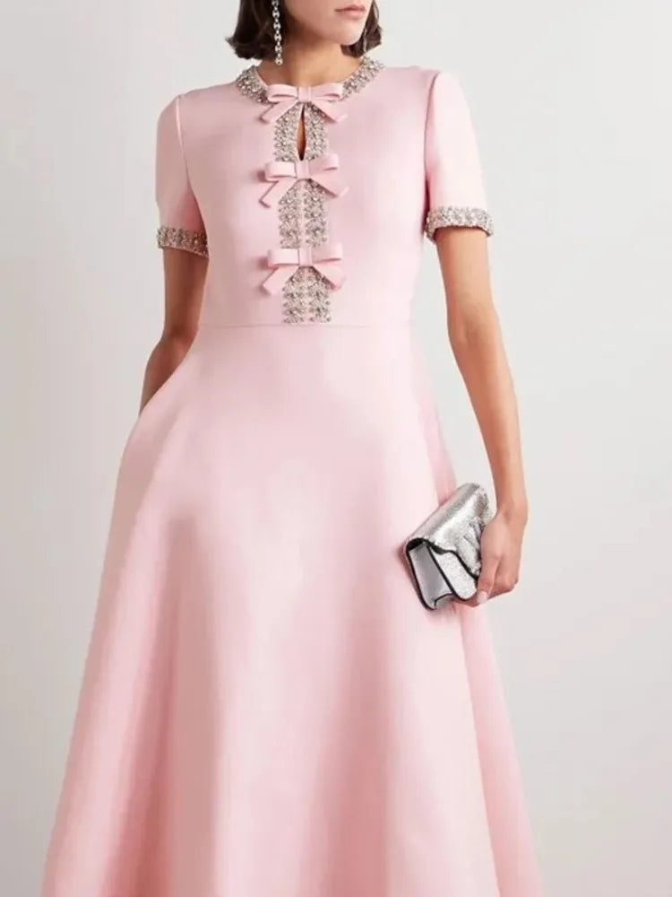 Diamond Bowknot Short Sleeve Midi Dress