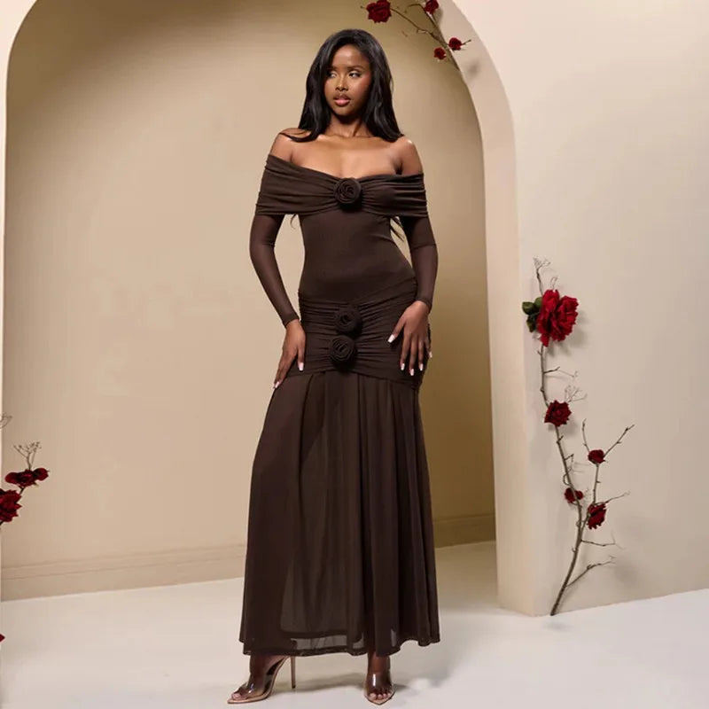 3D Flower Mesh Long Sleeve Fishtail Maxi Dress
