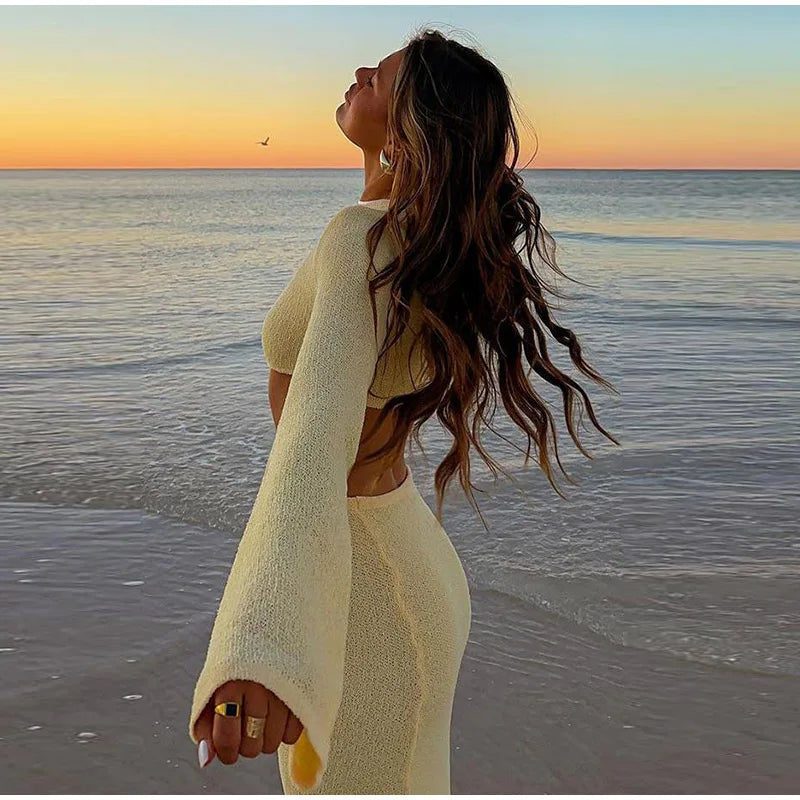 Knitted Hollow O Neck Slit Maxi Dress
