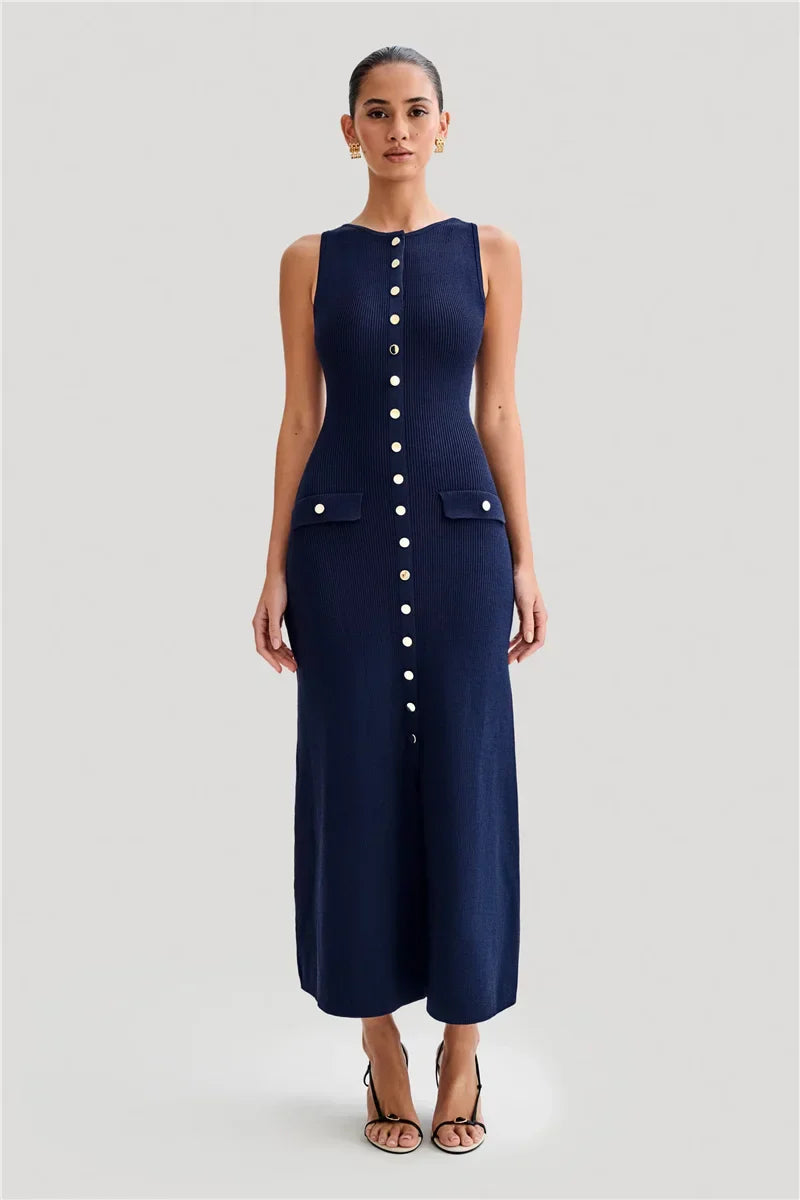 Knit Maxi Dress with Pockets Button Front