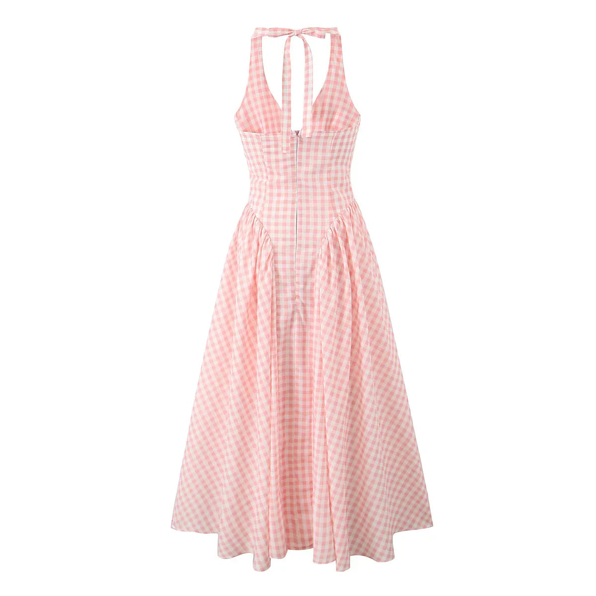 Pink White Plaid Bow Halter Midi Dress