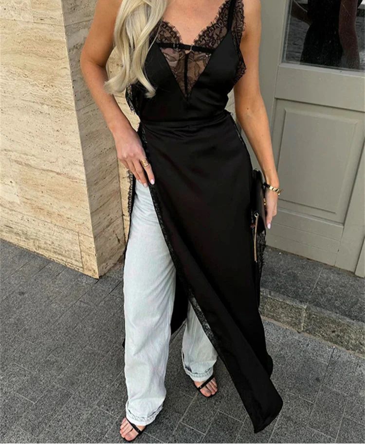 Lace Satin Patchwork High Split Maxi Dress