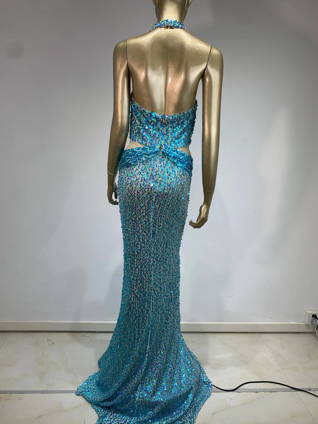 Halter Blue Sequins Glitter Sparkly Maxi Dress