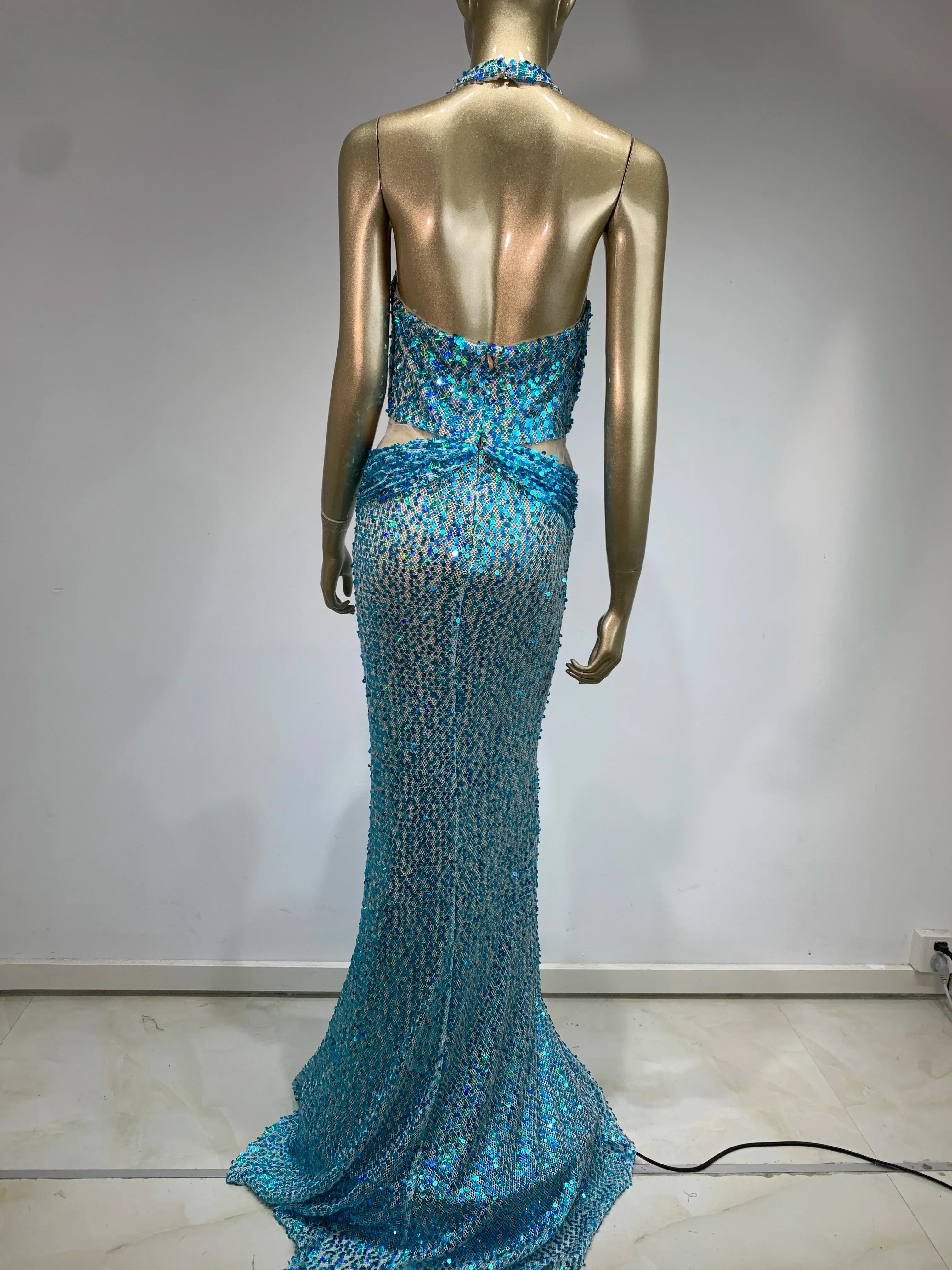 Halter Blue Sequined Glitter Maxi Party Dress