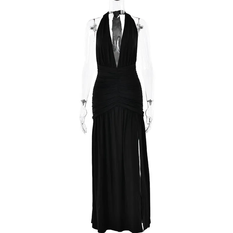 Open Back Solid Thigh High Split Party Dress
