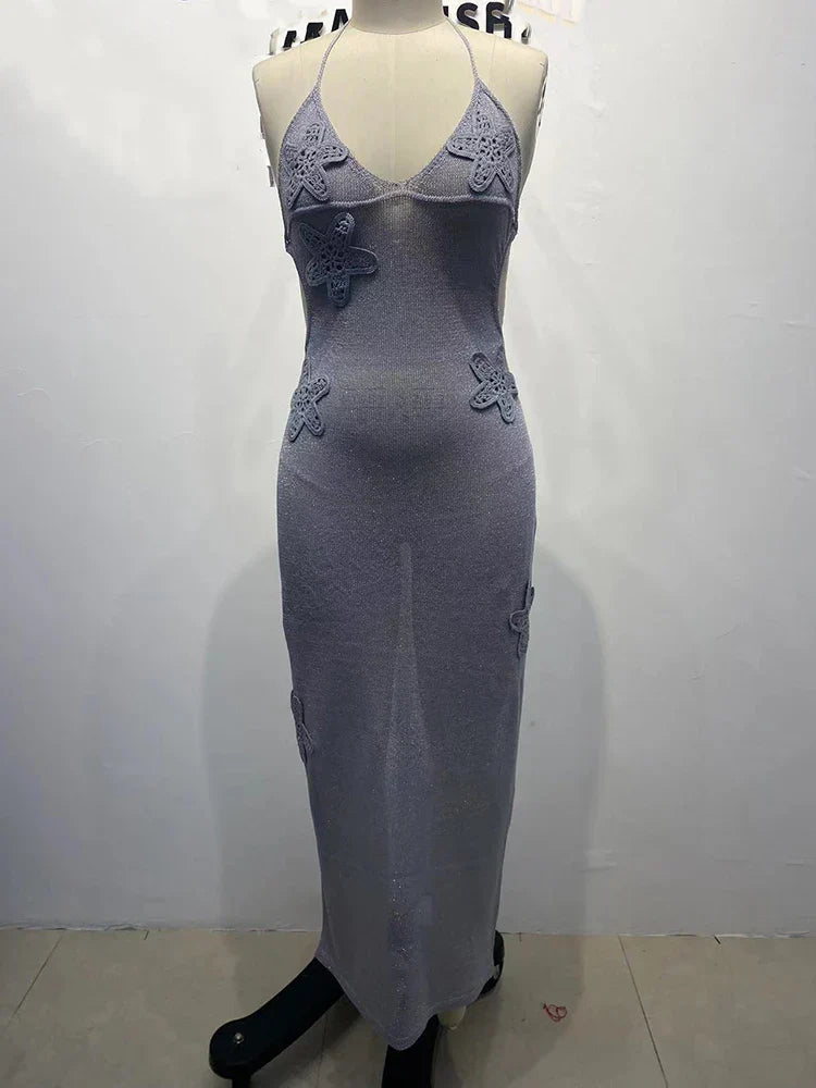 Glitter Sheer Halter Gray Backless Maxi Dress