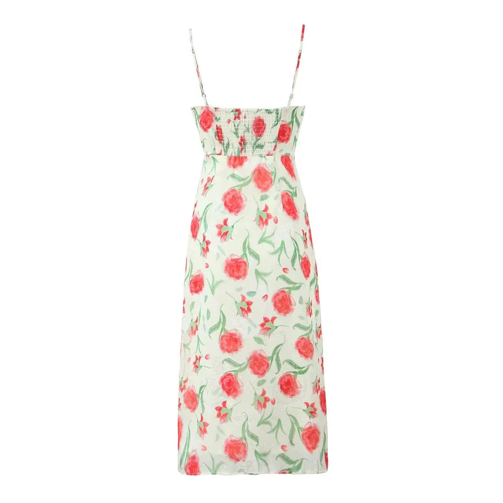 Floral Buttoned Elastic Waist Midi Dress