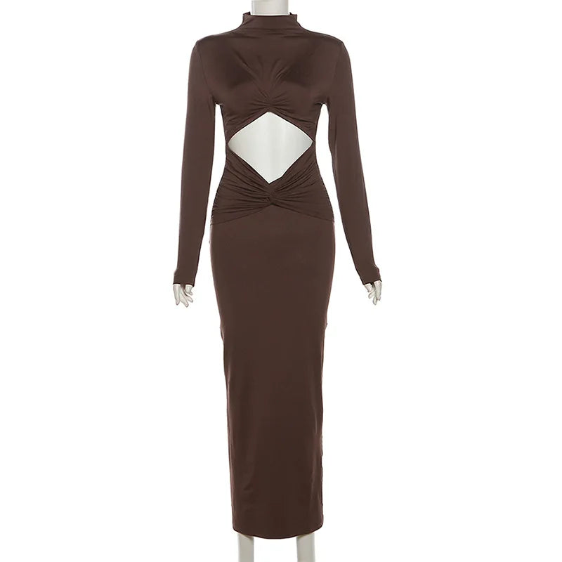 Hollow Out Pleated Long Sleeve Maxi Dress