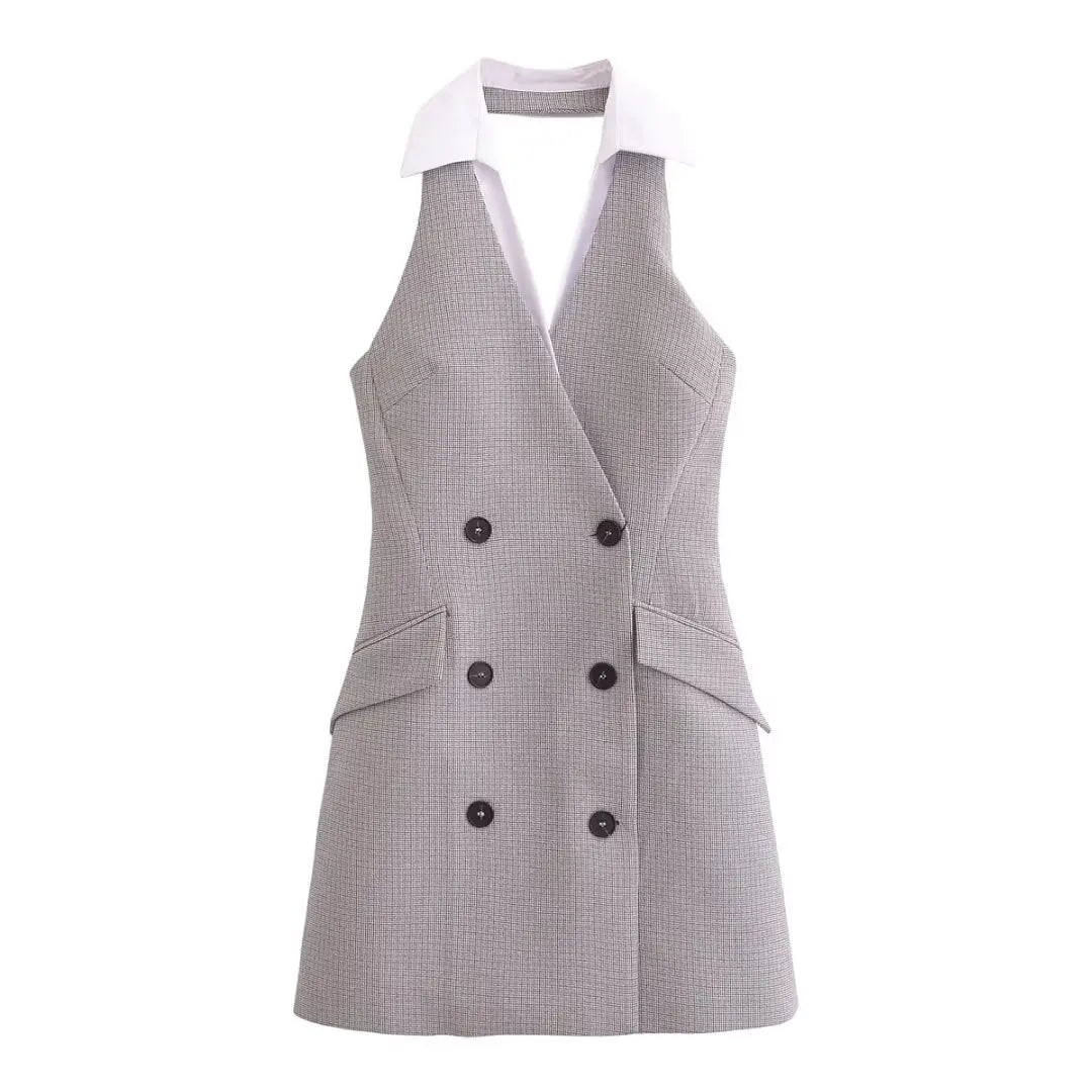 Plaid Halter Sleeveless Button Chic Mini Dress