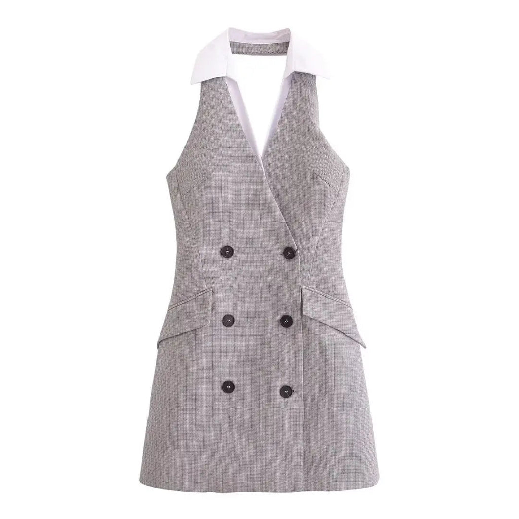 Plaid Halter Sleeveless Button Party Dress