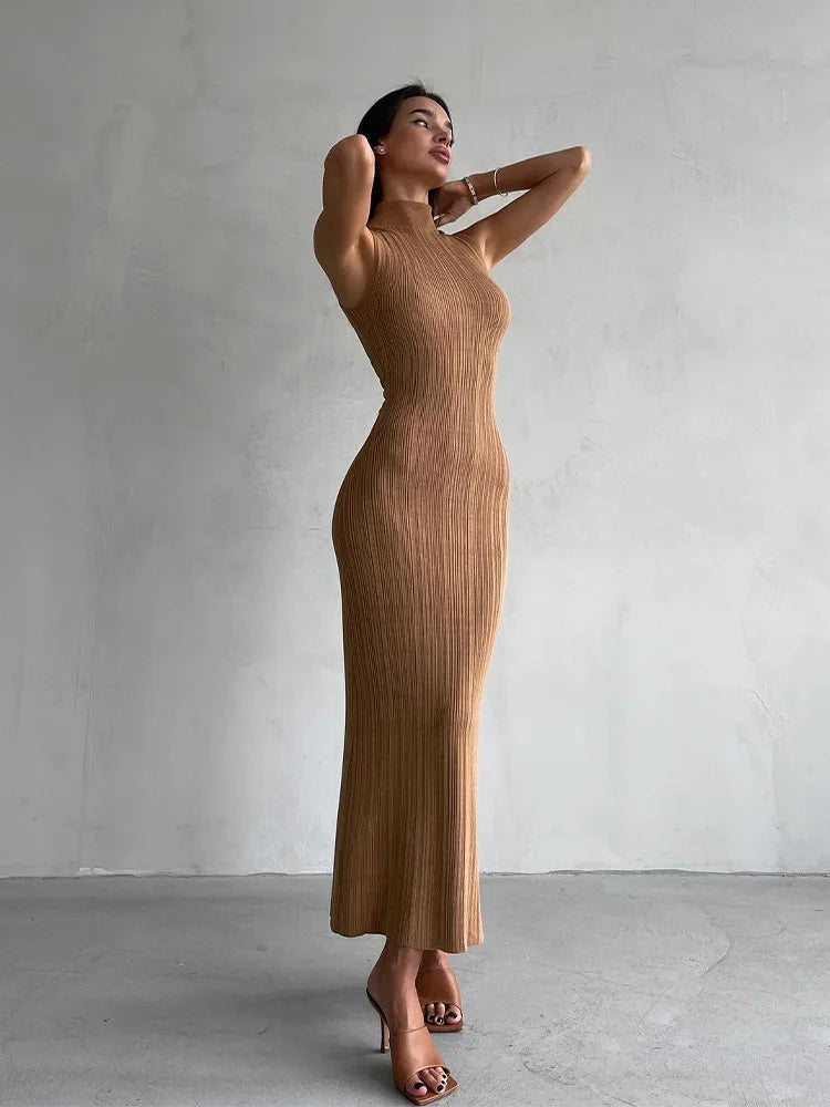 Sleeveless Turtleneck Casual Maxi Dress